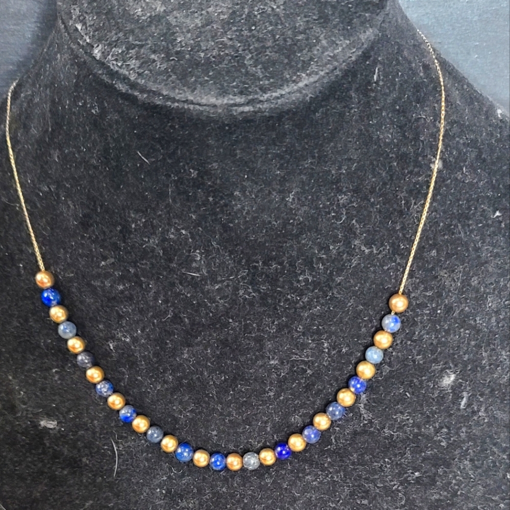 14K Gold Vintage Add A Bead Necklace with Gold and Lapiz Beads